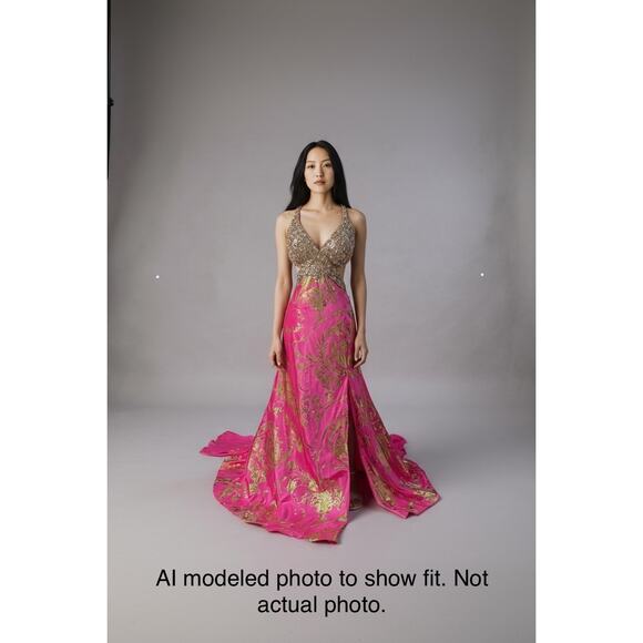 Mac Duggal Cassandra Stone Prom Dress Gown Hot Pink Gold Beaded Metallic Formal - Picture 8 of 16
